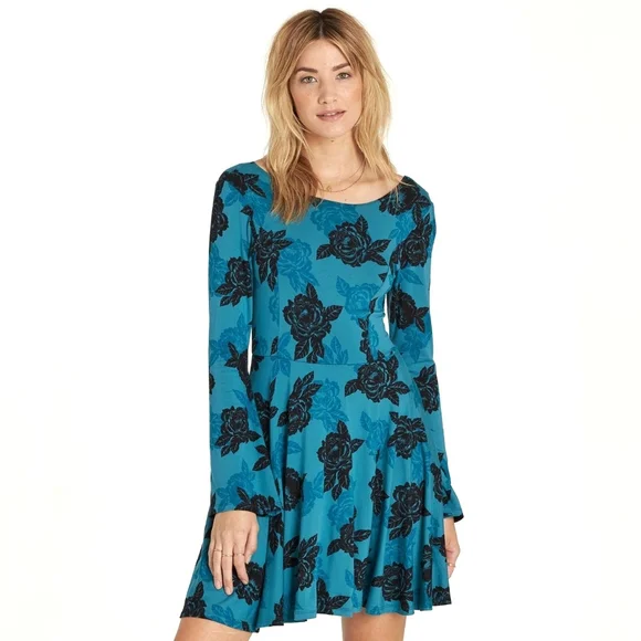 Billabong | Dresses | New Billabong Steal Time Long Sleeve Skater Dress  Floral Rose Print Pullover | Poshmark